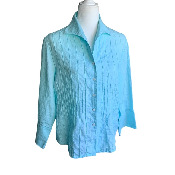 Tracy M Linen Blouse Turquoise Teal Blue XL Extra Large - Picture 1 of 12
